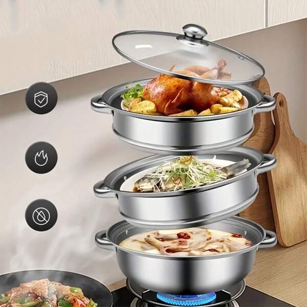 1 pièce Marmite à soupe en acier inoxydable à 2/3 couches, ensemble de marmite de cuisson à la vapeur multifonctionnel super épaisse avec couvercle, passoire à vapeur pour légumes, ustensiles de cuisine, accessoires de cuisine, ustensiles de cuisine et pièces détachées pour la maison