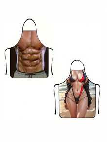 两件套情侣款围裙，性感印花设计，针织涤纶厨房围裙，100% 涤纶，防污烹饪围裙，时尚家居厨房工作服，烹饪配件 - 彩色 - 查看 1