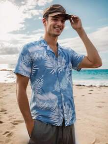 Men's Hawaiian Shirt Short Sleeves Printed Casual Button Down Funky Summer Tropical Holiday Beach Male Shirts - Leaf Light Blue - View 3