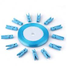 New  100Pcs Clos  Ribbon, 1.4Inch Wooden Clos Pins  25Yds Blue Ribbon, Blue Photo Clips, All Baby Shower Dr Clips, Crafts Clos For Wedding, Birthday - Blue - View 1