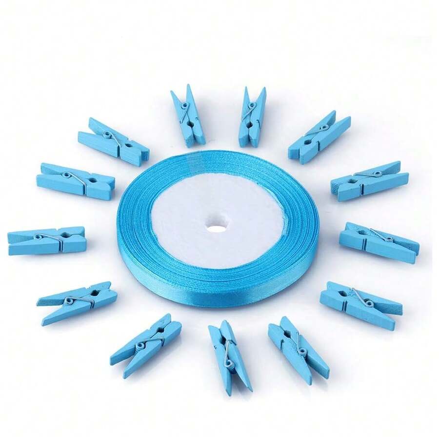 New 100Pcs Clos Ribbon, 1.4Inch Wooden Clos Pins 25Yds Blue Ribbon, Blue Photo Clips, All Baby Shower Dr Clips, Crafts Clos For Wedding, Birthday - Blue - View 1