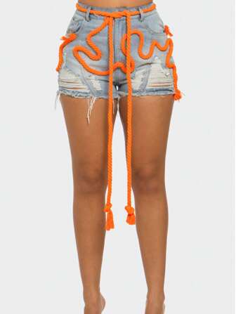Athina Playful Denim Shorts With Orange Drawstring  Colorblock    Casual  Sexy  Cute    Denim    Raw Hem  Pocket  Button    Stage & Concert