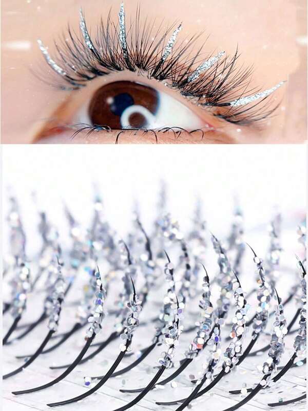 Extensions de cils étincelantes en or, argent et rose, faux cils à pointe unique pour un usage quotidien, des fêtes, des mariages et Noël, avec une courbure en forme d'étoile et de diamant
