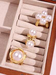 Conjunto de 3 anéis elegantes, vintage, brilhantes, exclusivos, de luxo, com pérolas douradas, versáteis para o dia a dia, festas, deslocamentos, feriados, joias finas para mulheres