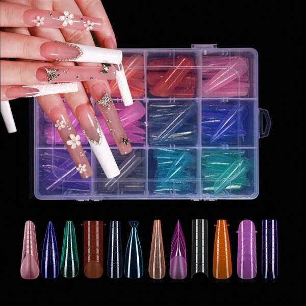 144PCS Color Matte Double Nail Styling Kit, Complete Set Of Nail Mold Heads, Acrylic Nail Extension Tools, 12 Styles, 12 Size Ratios, Suitable For Nail Salon And DIY