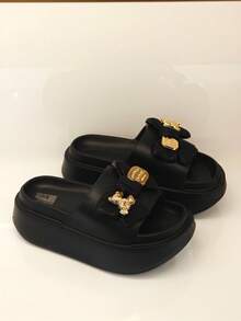 Revreal Black Platform Slides With Bow Accent Cute Basic Beach Casual Leisure Outdoor - Black - View 2