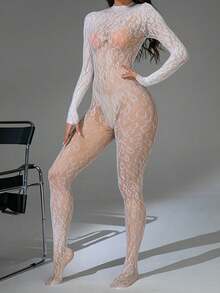 Sexy Lingerie Women Lingeries Long Sleeve Fishnet Body Stocking Leopard Sexy Outfit Body Suits Cut Out Jumpsuit Bikini Cover-Up - White - View 4