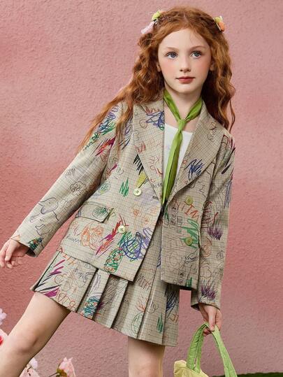 ASK JUNIOR Bộ 2 chiếc áo khoác blazer hai hàng khuy và chân váy xếp ly thiết kế Graffiti thời trang cho bé gái tuổi teen
