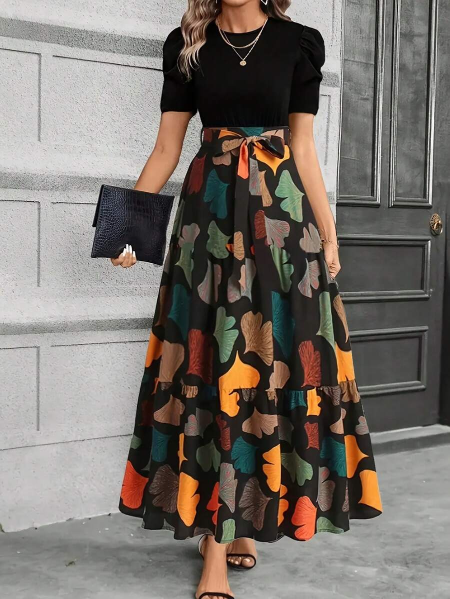 Vestido elegante de mujer estilo A con mangas abullonadas y detalle de lazo - Naranja vibrante/Verde azulado/Negro/Blanco/Verde, cuello redondo, lavable a máquina, uso casual a semi-formal de primavera y verano, moda estacional, estilo femenino, tela ligera, mujeres elegantes