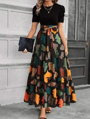 Women's Elegant A-Line Geometric Print Midi Dress With Puff Sleeves & Bow Detail - Vibrant Orange/Teal/Black/White/Green, Round Neck, Machine Washable, Spring Summer Casual To Semi-Formal Wear, Seasonal Fashion, Feminine Style, Lightweight Fabric, Stylish Women