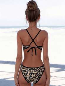 2-Piece Women's Leopard Print Trimmed Tie Back Sexy Bandeau Bikini Set With Removable Padding, Summer Beach & Pool Party Swimsuit - Black - View 2
