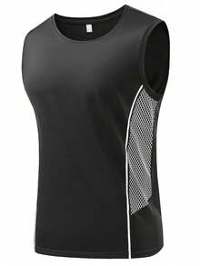 Camiseta masculina com estampa de cor sólida e gola redonda, leve, casual, para atividades ao ar livre, corrida, ciclismo, exercícios, fitness, basquete, regata esportiva - Preto - Ver 4