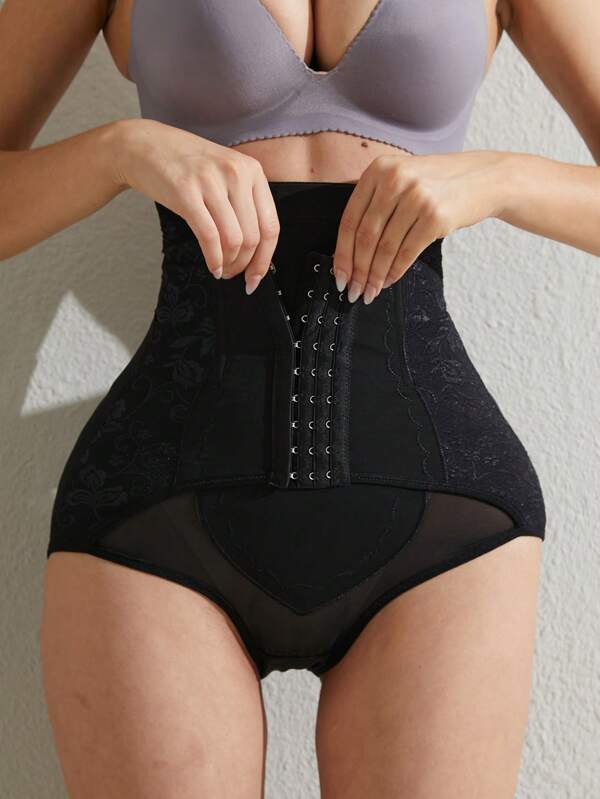 Women High Waist Lace Breathable Shapewear Shorts, Seamless Tummy Control Front Hook Closure Panty For Butt Lift