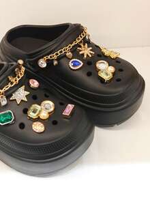 Revreal Black Platform Clogs with Colorful Rhinestone Charms and Chain可愛波西米亞Preppy學院度假時尚Casual休閒Outdoor戶外 - 黑色 - 查看 3