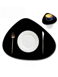 Alas Meja Makan Kulit Bergaya Nordik Kreatif, Tahan Air & Tahan Minyak & Anti Selip, Alas Gelas Asimetris untuk Ruang Makan - Hitam - View 2