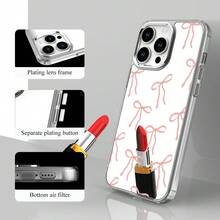 Diseño de espejo de maquillaje personalizado con patrón de lazo. Teléfono móvil de mujer. 2 en 1 espejo de lujo botón galvanizado anticaída elegante cubierta trasera a prueba de golpes con teléfono adecuado 11/12/13/14/15/16/Pro/Series - Plateado - Ver 1