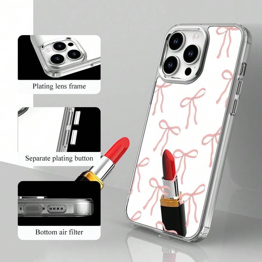 Diseño de espejo de maquillaje personalizado con patrón de lazo. Teléfono móvil de mujer. 2 en 1 espejo de lujo botón galvanizado anticaída elegante cubierta trasera a prueba de golpes con teléfono adecuado 11/12/13/14/15/16/Pro/Series - Plateado - Ver 1