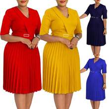 Two-Piece Set Woman Church Dresses For Women Elegant V Neck Half Sleeves Pleated A-Line Midi Dress Female Classy Modest African Summer Fashion Gowns Formal Light Womenswear Check Chic Comfort Workwear Shortsleeve Vneck - 藍色_天藍色 - 查看 3