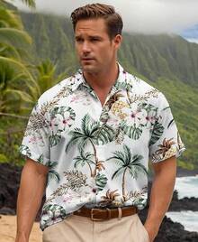 Floral Hawaiian Shirt For Men Summer Button Up Shirt Short Sleeve Mens Beach Tropical Casual Aloha Shirthalloween - 白鳳梨 - 查看 6