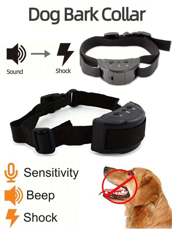 Barking Stopper Collar Fully Automatic Anti-Bark Collar Adjustable Shock Intensity Dog Barking Training Collar Pet Supplies Dog Collar Dog Things Dog Stuff Puppy Keep Dog Accessories Dog Toys For Small/Medium Dogs Black