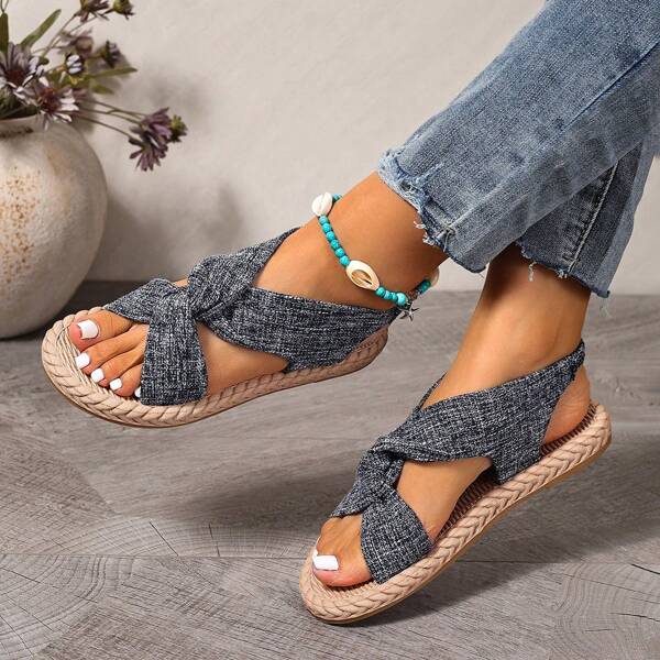 Fashion Solid Color Cross Strap Flat Sandals, Lightweight Beach Stylish Avant-Garde Fabric Butterfly Design, Summer Vacation