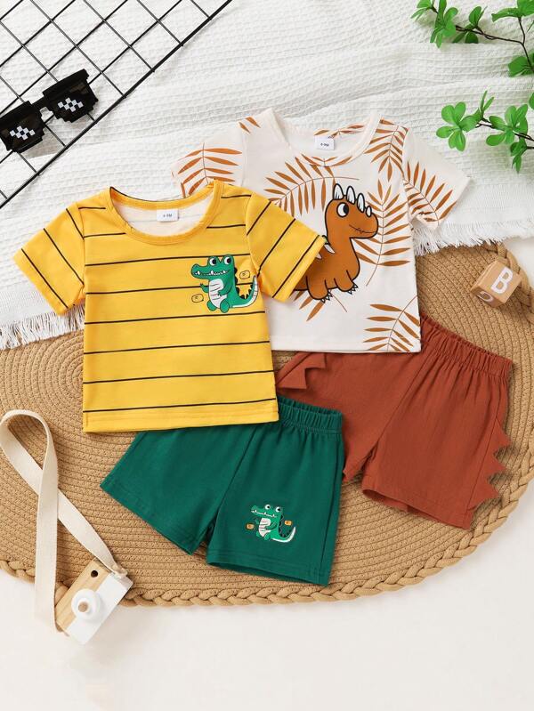 4 pièces/Set Ensemble T-shirt décontracté mignon pour bébé garçon, doux, respirant, confortable, T-shirts avec graphiques de dinosaures et de crocodiles amusants, et shorts de sport 3D
