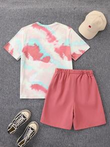 2pcs/Set Teenage Boy Casual Gradient Tie Dye Palm Tree Print Short Sleeve T-Shirt & Solid Color Patched Shorts Set, Suitable For Casual Vacation, Basic, Versatile Sports, Summer