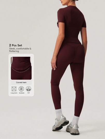 Sodalemon Women's Solid Color T-Shirt With No Front Seam Classic Design & Yoga Leggings Outdoor Running Training Fitness Set Summer