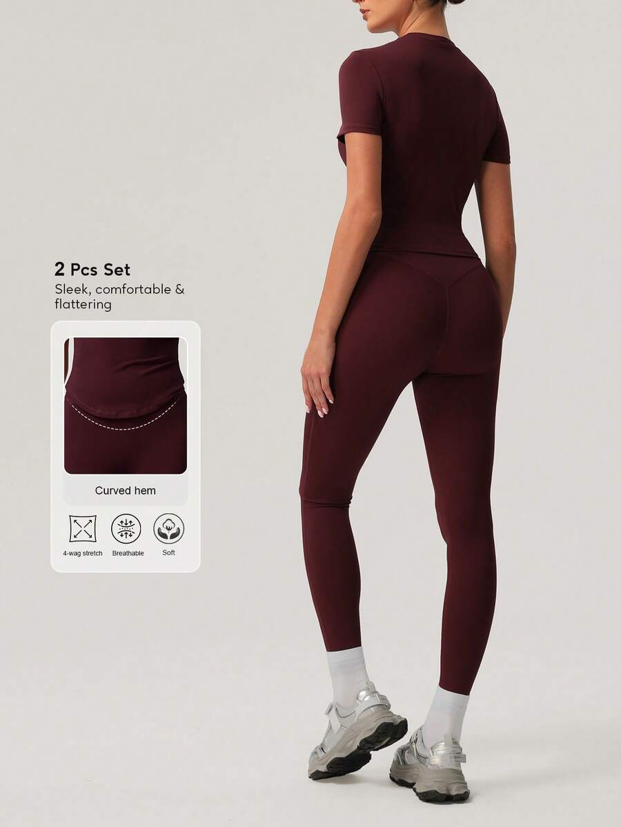 Sodalemon Women's Solid Color T-Shirt With No Front Seam Classic Design & Yoga Leggings Outdoor Running Training Fitness Set Summer - Burgundy - View 1