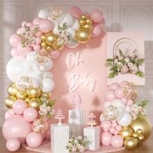 Set de 110 piezas para arco de globos rosa y dorado, que incluye globos de color rosa claro, blanco y confeti dorado, adecuado para baby shower, cumpleaños de niña, boda y despedida de soltera