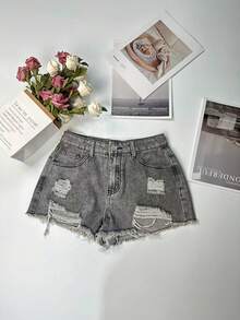 Short en jean déchiré femme style cowgirl - Gris pâle - Voir 6
