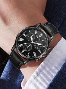 5PCS Black PU Leather Strap Men's Watch Set Business Fashion Quartz Watch Bracelet Set Suitable For Daily Clothing Matching Perfect Holiday Gift