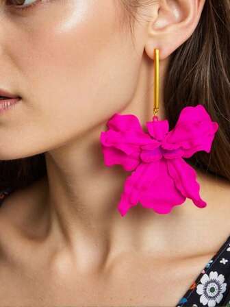 1 对紫红色夸张 3D 多层橡胶漆花朵吊坠耳钉，女士时尚珠宝，适合派对、海滩、节日穿着