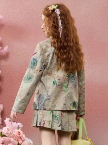 ASK JUNIOR 2pcs/Set Tween Girls Fashion Graffiti Design Double-Breasted Blazer & Pleated Skirt Set