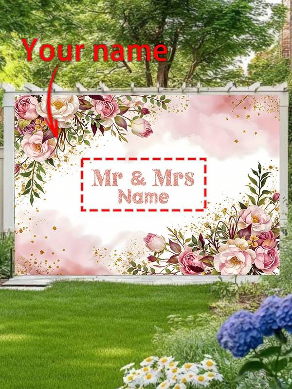 1pc Wedding Theme Party Backdrop Banner, Durable Polyester Material, Customized Name, Colorful Flower Pattern, Suitable For Room, Living Room, Party Celebration Decoration, Home Wall Art, Outdoor Decor