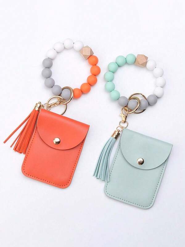 1 pulsera de mujer de cuentas de silicona con cuentas de madera, tarjetero, monedero y estuche para lápiz labial con borla de PU, pulsera de moda y llavero para mochila escolar