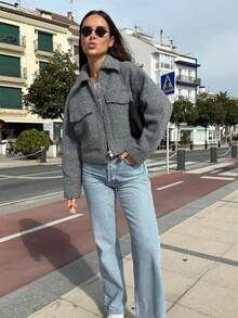 Women's Fashionable Solid Color Turndown Collar Double Pocket Casual Corduroy Soft Wool Jacket, Autumn/Winter - Grey - View 8
