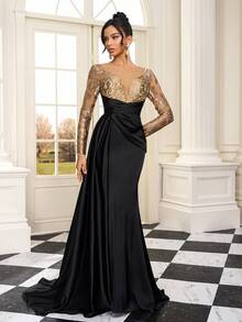 Luxury Elegant Evening Gown, Long Sleeve Satin Dress, High Quality ...