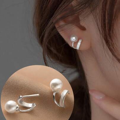 BALMORA 1 Đôi bông tai ngọc trai hình chữ V cong hai lớp bằng bạc Sterling S925 cao cấp, thích hợp cho bé gái/phụ nữ/bạn gái/mẹ, quà tặng dự tiệc/hẹn hò kiểu cổ điển, quà sinh nhật để đeo hàng ngày.