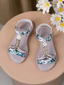 1 Pair Fashion Kids Bohemian Style Hook And Loop Sandals, Comfortable & Durable Colorful Beaded Beach Sandals - Mint Blue - View 4