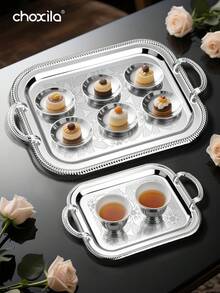 choxila 1 cái/3 cái Khay hoa văn bạc có tay cầm, Khay đựng thức ăn, Đĩa đựng thức ăn, Khay đựng đồ trang sức và mỹ phẩm, Trang trí góc cà phê, Dùng cho phòng ngủ, phòng khách, văn phòng, khách sạn, trà chiều, tiệc tại nhà, quà tặng ngày lễ - Bạc - Xem 2