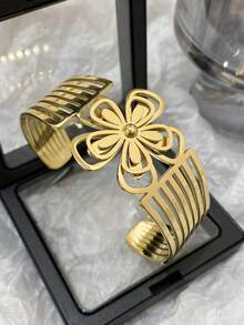 1 件女士粗花手链金色不锈钢手镯适合日常和派对珠宝礼物