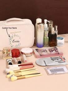 1pc Personalized Floral & Name Design Large Capacity Detachable Makeup Bag, With Free Compartments For Washing & Trimming, Waterproof Portable Organizer Bag With Separate Sections