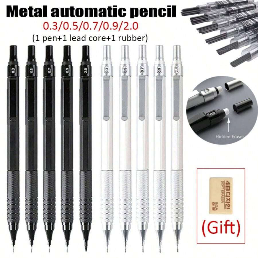 3pcs Set, High-Quality Metal Black/Silver Automatic Pencils & Pencil Leads & Eraser, 0.3/0.5/0.7/0.9/2.0mm Black HB Replacement Graphite Lead Is Not Easy To Break, Suitable For Professional Art Hand Drawn Pens And Stationery Supplies (1 Pen+1 Lead+1 Rubber As A Gift) School Supplies, Back To School - one-size - View 1