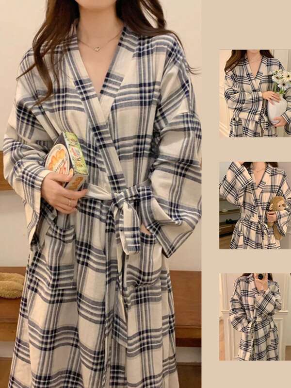 Roupão longo quimono feminino, 1 peça, novo estilo, estilo casual, único, com estampa xadrez, para usar em casa. Volta às aulas