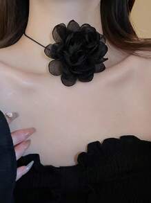 1pc Retro 3D Flower Choker Fabric Floral Tie Necklace, Minimalist French Flower Necklace
