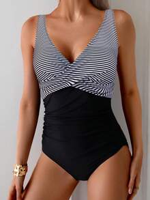 Women's One-Piece Swimsuit, Tummy Control, Criss-Cross Backless V-Neck Slimming Swimwear - Black Stripes - View 3
