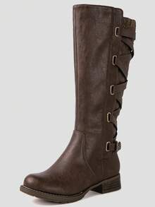 GLOBALWIN Women's Quilted Knee High Fashion Boots Strappy Boots For Women Goth Fall Boots Holiday Season Fall Winter Boots - Brown - View 4