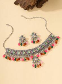 Set de 3 piezas de joyería estilo bohemio con Brillo y Gracia: Collar, pendientes de flor con strass y colgante con cuentas y borlas, y gargantilla; adecuado para bodas, banquetes, fiestas, uso diario y como regalo de joyería de vacaciones para chicas