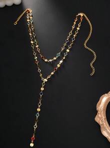 Colar de metal com cristais coloridos de camada dupla, colar de borla de corrente longa da moda para mulheres